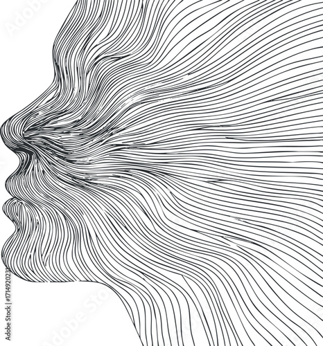 An abstract representation of a human face created using flowing lines in black and white.