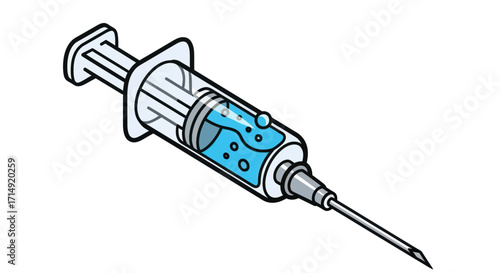 Cartoon Syringe with Blue Liquid and Needle.