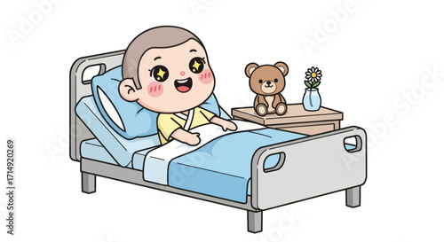 Smiling cartoon boy patient resting in a hospital bed with a teddy bear and flower.