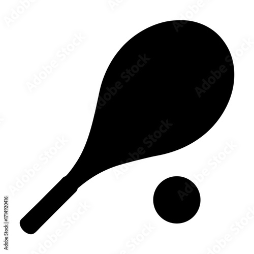 Black silhouette of racket and ball icon-Solid black silhouette showing a racket with a ball, isolated on white background, symbolizing tennis, sport, recreation, and athletic activity.
