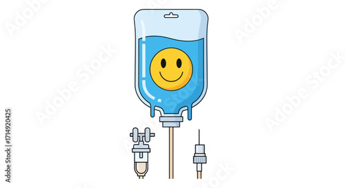Cartoon IV bag with a happy smiley face inside medical infusion.