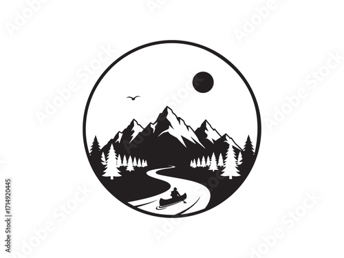 Serene Mountain River Scene with Canoeist Silhouette Graphic Nature Illustration in Circular Frame Capturing Wilderness Adventure