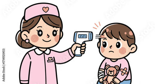 Nurse Taking Childs Temperature with Digital Thermometer.