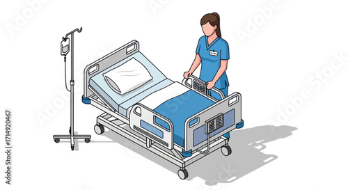 A female nurse in blue medical scrubs pushing an empty adjustable hospital bed next to an IV drip stand.