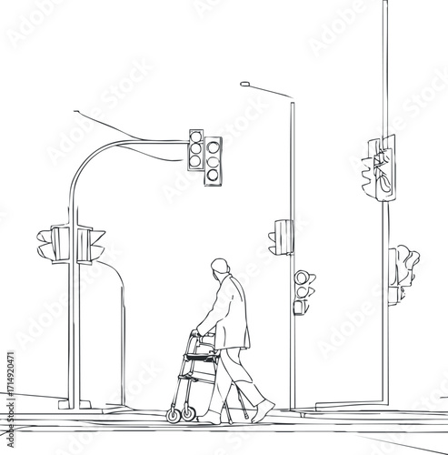 An illustration of a senior person using a walker while crossing a city street with traffic signals.