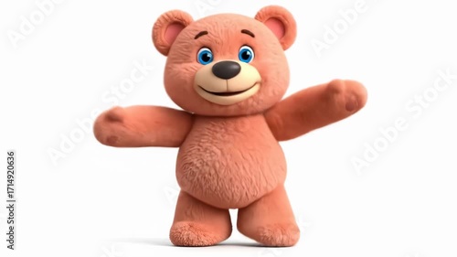 A cheerful, cartoon teddy bear with arms outstretched.  It's a light peachy-tan color with detailed fur texture.  Large, bright blue eyes, a small black nose, and a wide, happy smile