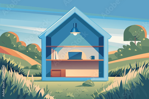 Office icon shaped like a house, with laptop, coffee and lamp — remote work concept