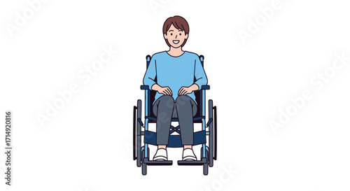 Happy person sitting in a manual wheelchair smiling cheerfully.