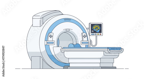Modern MRI scanner machine with patient bed and brain scan monitor line art illustration.