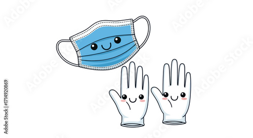 Cute Cartoon Face Mask and Pair of Gloves with Happy Expressions.