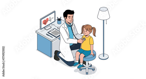 Isometric illustration of a male doctor examining a young girl with a stethoscope during a medical check-up.