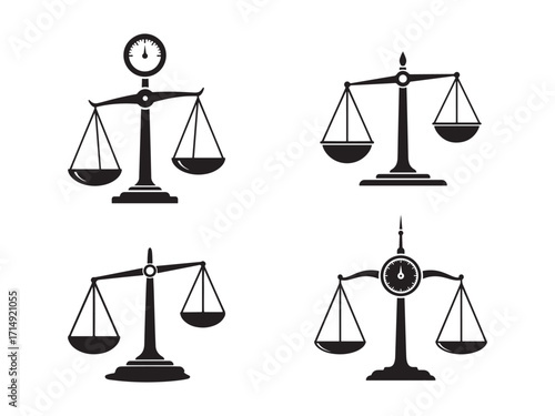 Scales of Justice and Balance Depicted in Four Unique Designs Symbolizing Legal Precision and Equitable Decisions Across Different Styles