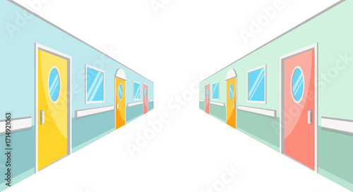 Long colorful hallway with doors and windows receding into the distance.