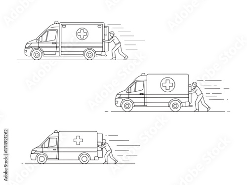 Teamwork Makes the Dream Work Ambulances and Helpful Friends Providing Emergency Medical Assistance with Pushing силуэты