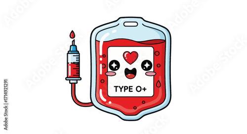 Cute Cartoon Blood Bag with Type O Label and Syringe.