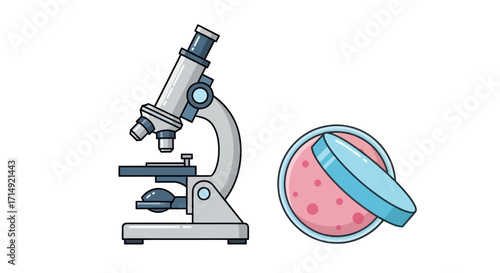 Scientific Laboratory Equipment: Microscope and Petri Dish Illustration.