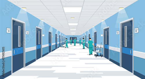 Long Hospital Corridor with Blue Walls and Doors Medical Staff.