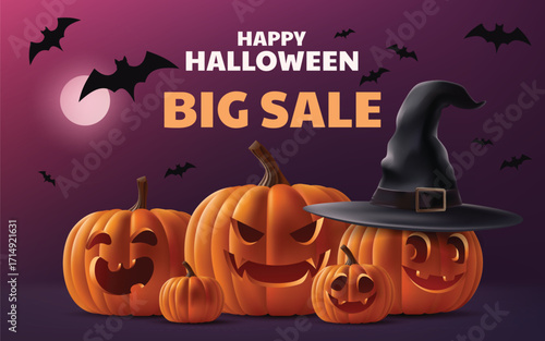 Vector art of happy halloween big sale with pumpkins and bats