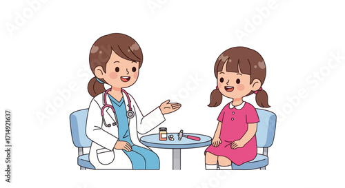Cartoon doctor consulting with a young girl patient in a medical setting.