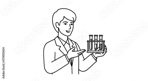 Scientist Holding Test Tubes Rack in Lab Coat Illustration.
