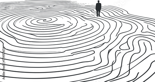 A minimalist representation of a person navigating a complex maze of swirling lines.