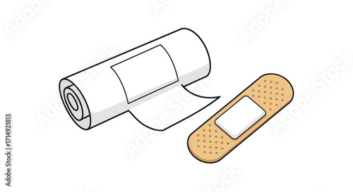 A simple illustration of a roll of medical tape and an adhesive bandage strip.