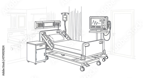 Hospital Bed with Medical Equipment in Patient Room.