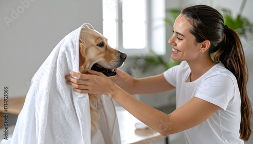 Woman drying a dog with a towel