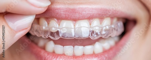 A close-up of a smiling person adjusting a clear dental aligner, showcasing straight teeth and a bright smile.
