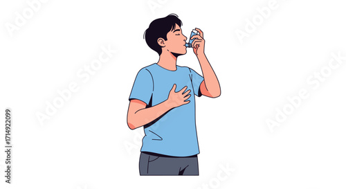 Young man in blue t-shirt drinking from a glass.