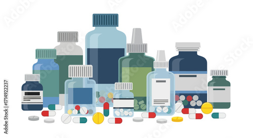 Assortment of Various Medicine Bottles and Pills Illustration.