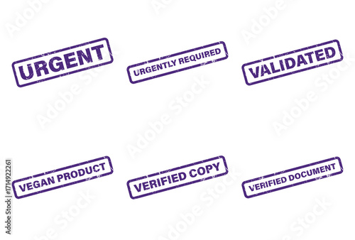 Violet Distressed Rubber Stamps Urgent, Required, Validated, Vegan, Copy,