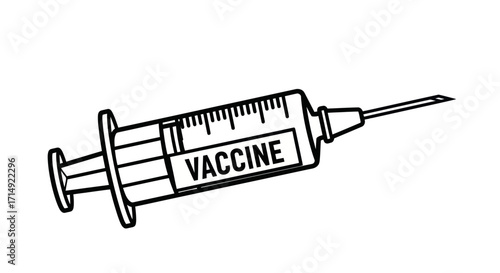 Black and White Line Drawing of a Syringe with Vaccine Label.