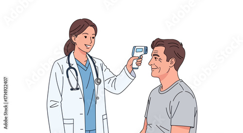 Doctor using infrared thermometer to check patients temperature.