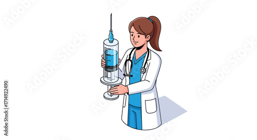 Smiling Female Doctor Holding Large Medical Syringe.