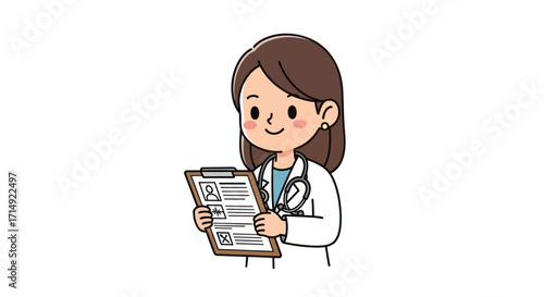 Cartoon Female Doctor Holding Medical Chart with Patient Information.