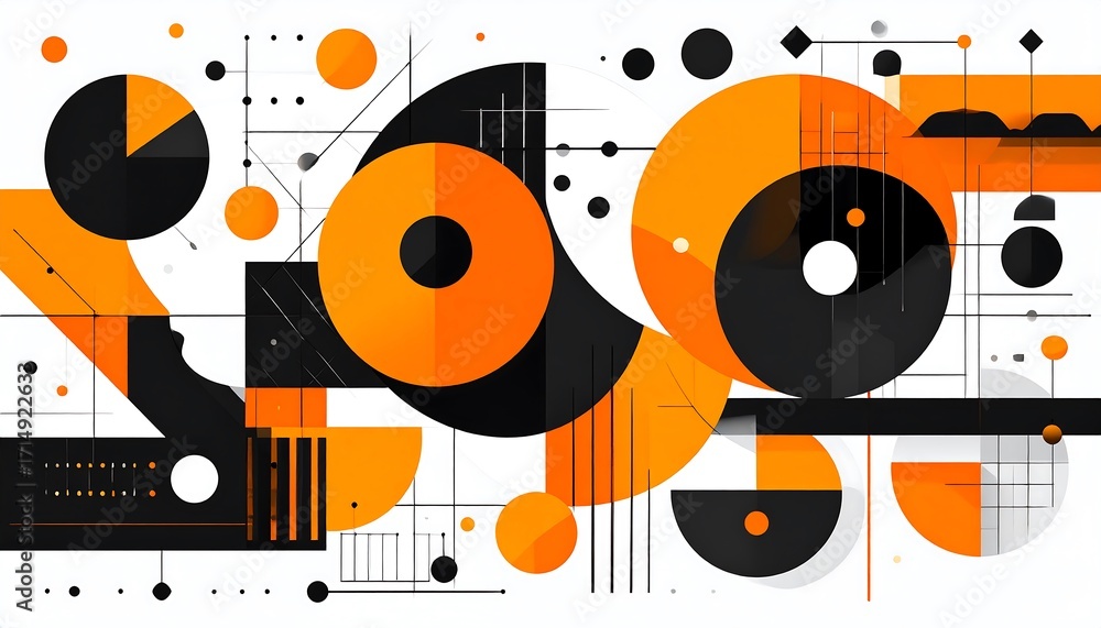 Obraz premium A vibrant abstract composition featuring layered geometric shapes in bold orange and black, set against a clean white background.