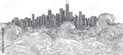 A detailed illustration of a city skyline surrounded by turbulent ocean waves in black and white.