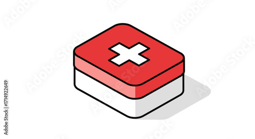 Isometric 3D icon of a red first aid box with a white medical cross symbol.