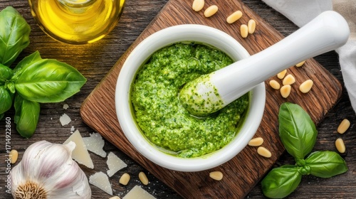 A vibrant display of fresh basil, garlic, pine nuts, and pesto in a mortar and pestle, capturing the essence of Italian culinary tradition.