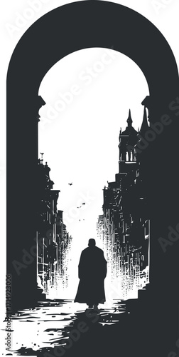 A mysterious silhouette of a man walking through an archway in an urban cityscape.