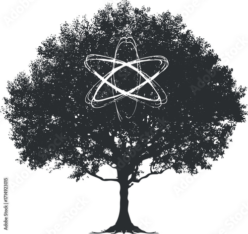 A creative representation of a tree with an atom symbolizing science and nature intertwined.