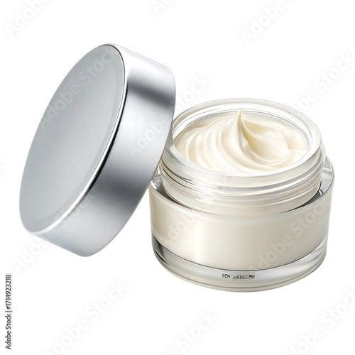 A jar of rich white cream with a silver lid isolated on transparent background