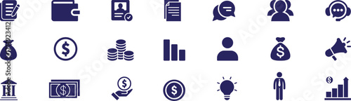 Business and finance icons set. Money, data, wallet, chart, dollar, profile, idea, marketing, bank blue icons silhouette