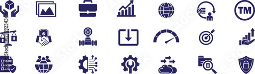 Collection of business, technology and marketing icons. The icons represent a variety of concepts related to business, technology, and marketing. The images are in a flat design style.