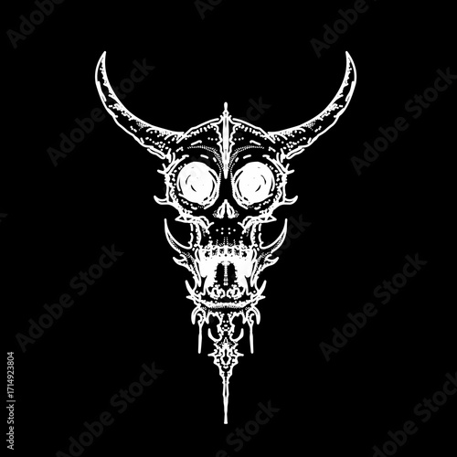 tribal skull demon ornamental vector with horns and gothic details, perfect for tattoos, dark art, or occult fantasy design