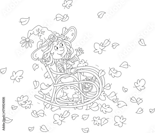 Happy little witch rocking in her old wooden rocker among fallen autumn leaves, black and white vector cartoon illustration for a coloring book