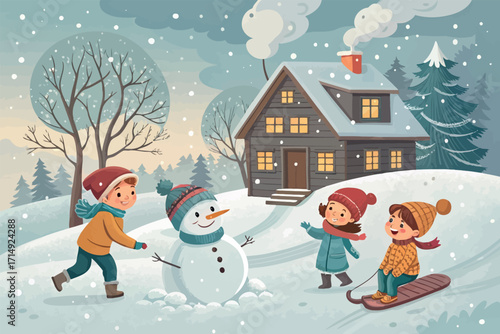 Isometric Winter Scene Illustration with Children Playing in Snow