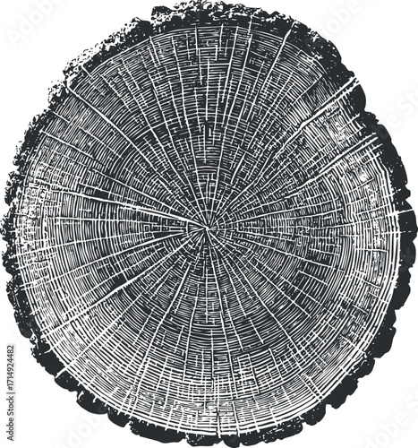 A detailed illustration of a tree stump showing growth rings and natural wood texture.