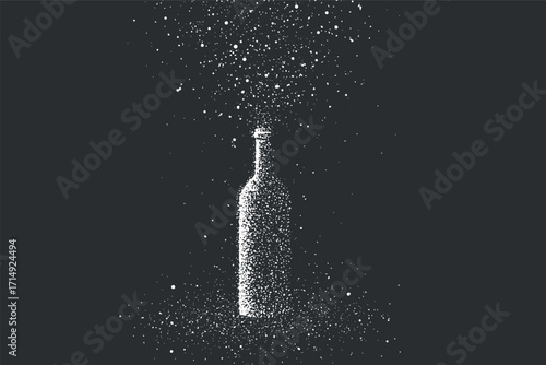 An abstract illustration of a bottle surrounded by sparkling particles on a dark background.